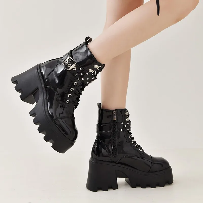 Plus Size 43 Autumn Women Boots Buckle Round Toe Wedges Platform Boots Punk Goth INS Women Street Shoes Combat Boots for Women