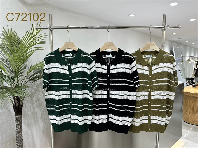Loose Fit Knitted Polo Shirts Man Single Breasted Viscose Elastic Summer Quality Hollow Out Breathable Striped Camisas De Hombre 12 S1fd09858e2a542c3bb234b73e26d314a9