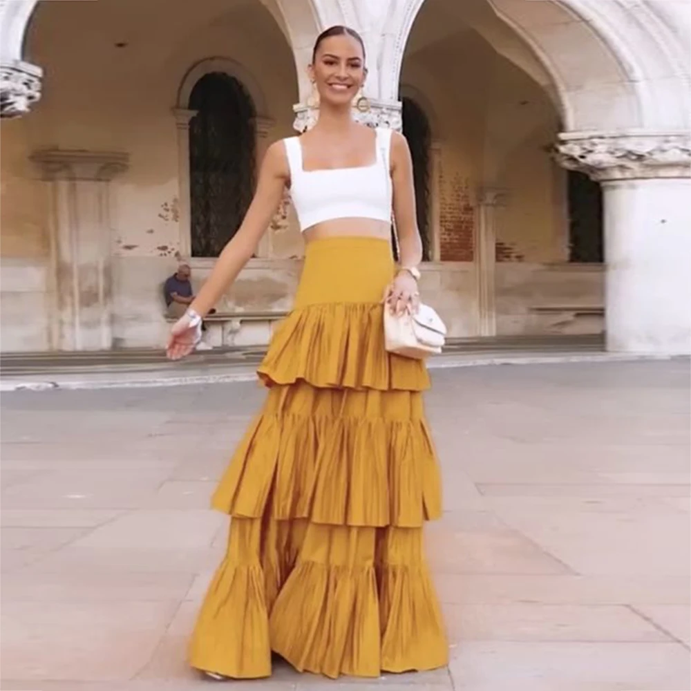 

Yellow Tiered Long Skirt Satin A Line Lady Saias Girls Wedding Guest Party Gowns High Waist Floor Length Women Formal Wear