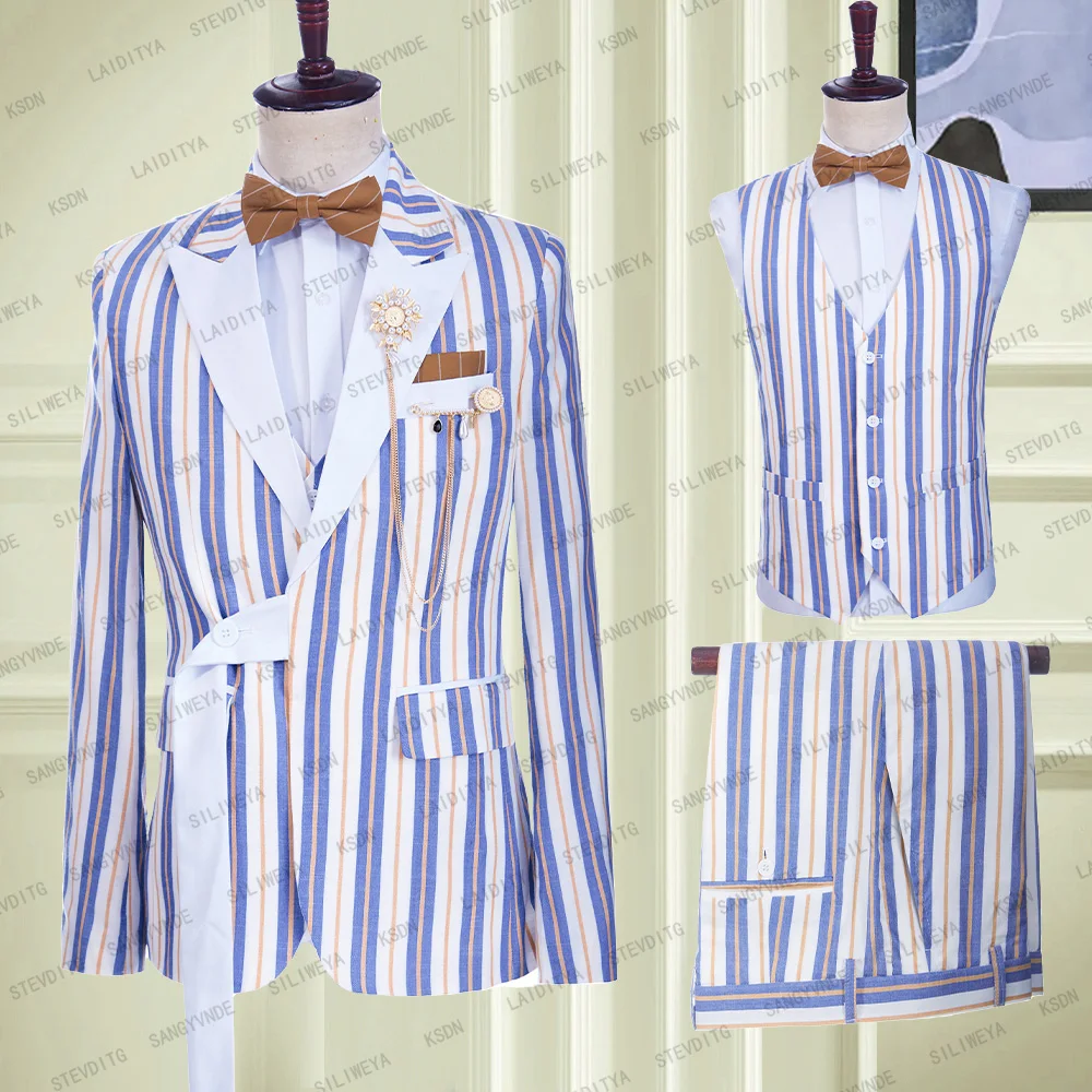 

2024 Fashion Men Suit Blue White Orange Mixed Stripe Slim Fit Performance Stage Costume Peaked Lapel Coat Pants Vest