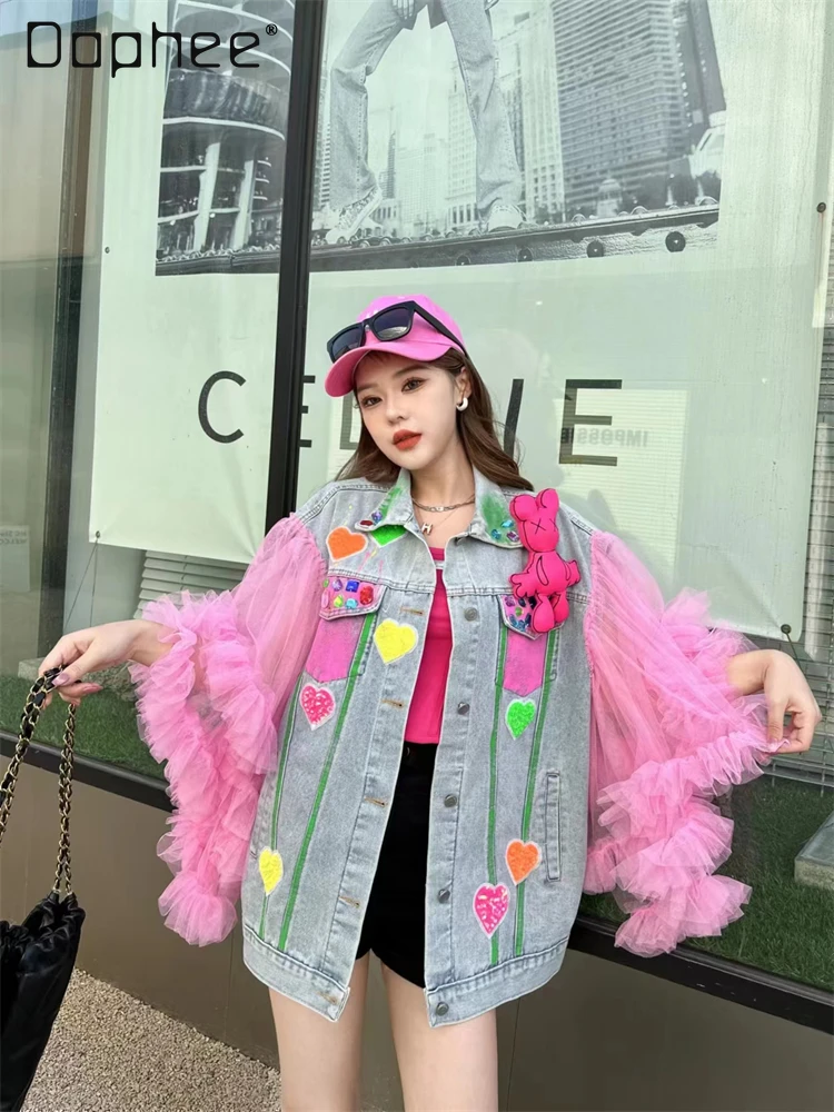 Fashion Brand Exquisite Rhinestone Sequin Stitching Denim Vest Women Spring and Autumn Loose Mesh Sleeves Patchwork Top Female colorblock patchwork denim jacket women coat army green lace mesh all match short jackets stand collar loose autumn outwear