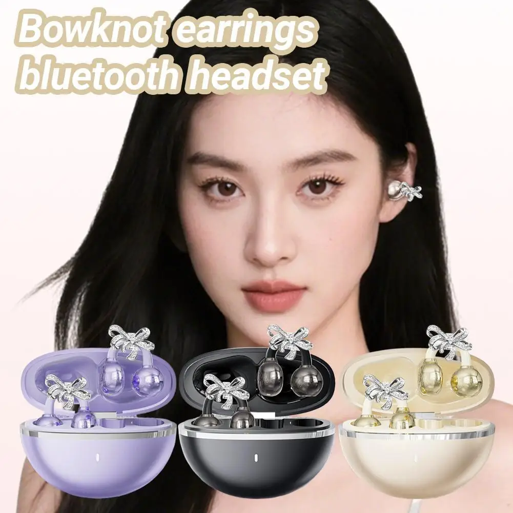 Wireless Bluetooth Earphone Clip Set Butterfly Knot Rotating Earrings Earbud Accessories Call Noise Reduction Earphone