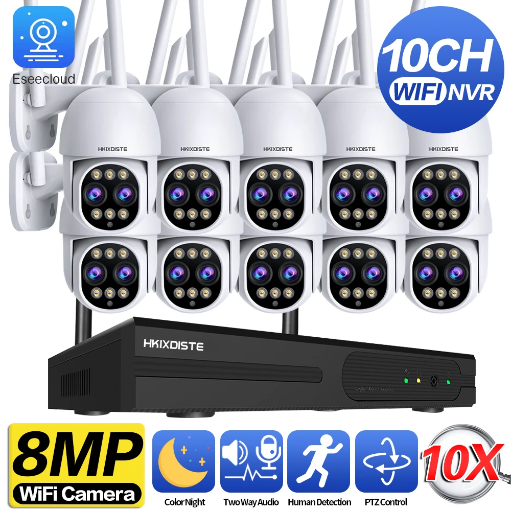 

8MP Outdoor WiFi CCTV Camera 10X Zoom Security System Kit 10CH NVR Recorder Set P2P Wireless IP Camera Video Surveillance System