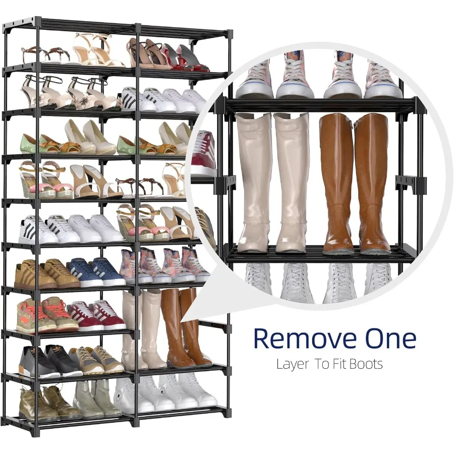 9Tier Shoe Rack 3640 Pairs Organizer with Nonwoven Fabric Cover Double Row for Closet Black Rack with Gray Cover