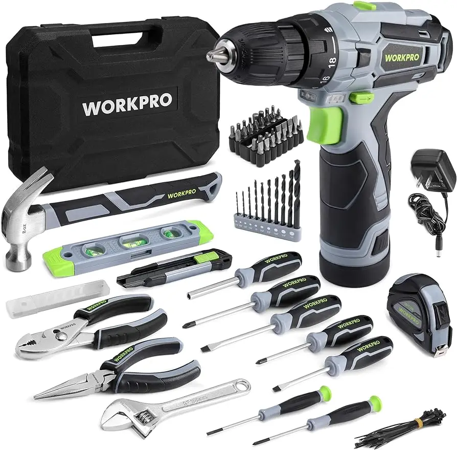 WORKPRO Home Tool Kit with Power Drill 108PCS Power Home Tool Set with 12V 1.5 Ah Battery Powered Screwdriver and Tool Box