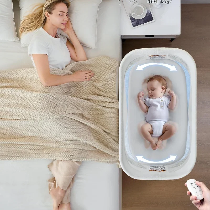 Rocking Bassinet for Baby 3 Speeds, Smart Motion Detection, Electric Bedside Sleeper with 8 Soothing Music, Auto Bedside Crib fo