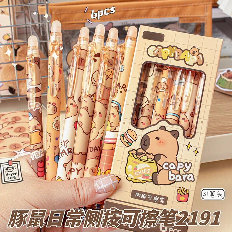 6 pezzi Kawaii Capybara penna Gel cancellabile con gomma inchiostro blu ad asciugatura rapida penne Gel per stampa carina fornure di cancelleria per ufficio scolastico  21