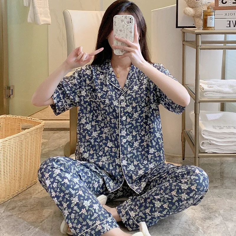 

New Pajamas For Women Cotton Silk Thin Sleepwear Short Sleeve Trousers Sweet Plus-size Pullover Pajama Set