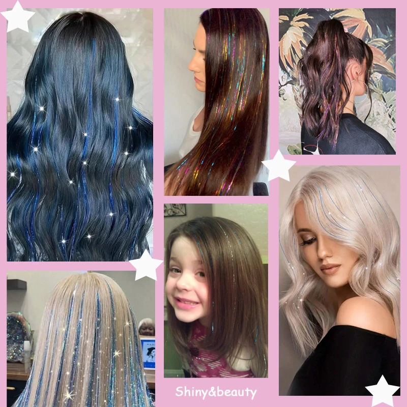 12Pcs Purple Clip in Tinsel Hair Extensions Hairpiece Colored Hair Tinsel Kit Party Highlights Hair Accessories for Women&Kids