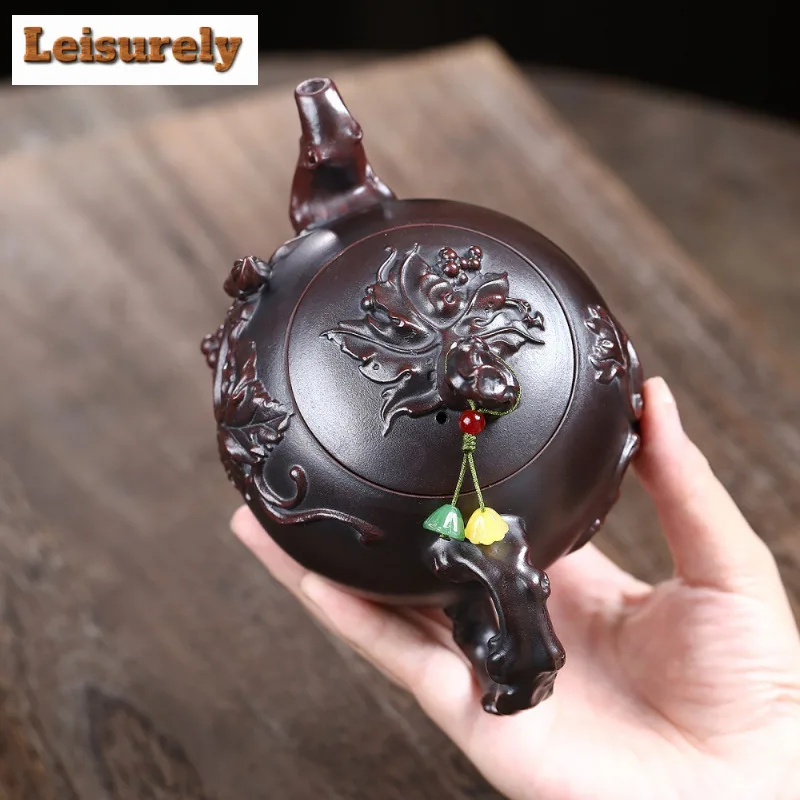 410ml Yixing Purple Clay Teapots Handmade Grape Pot Raw Ore Antique Brass Mud Kettle With Strainer Chinese Zisha Tea Set Cafe