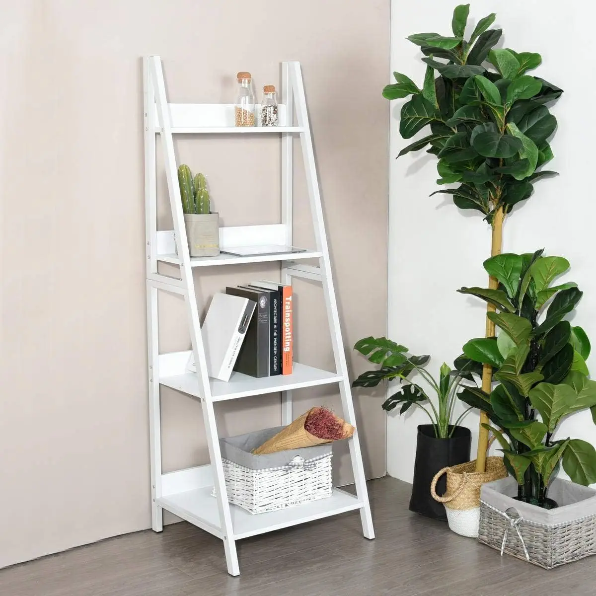 White Finish 4-Tier Shelves Leaning Ladder Bookcase Bookshelf Display Planter Set of wall shelves Plant holder Semi circle woode