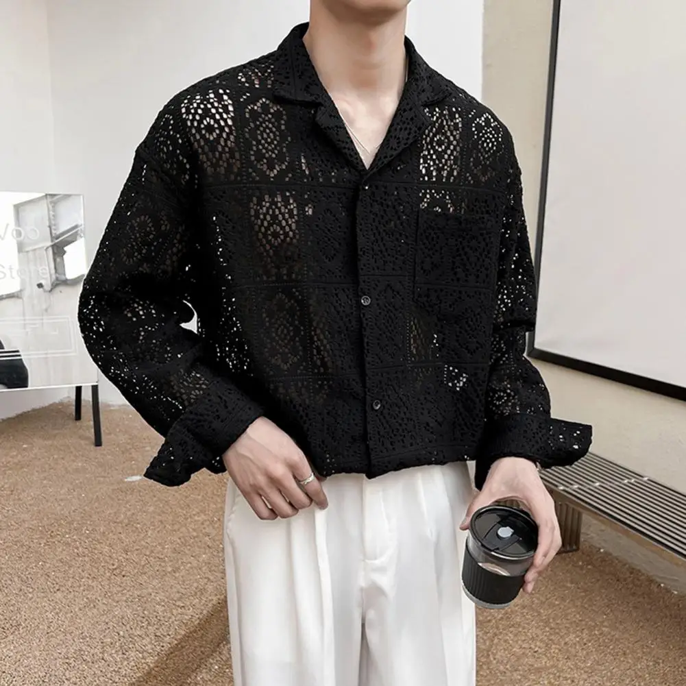 

Men Loose Fit Shirt Retro-inspired Men's Streetwear Sheer Long Sleeve Shirt with Chest Pocket Effortlessly Stylish for Modern