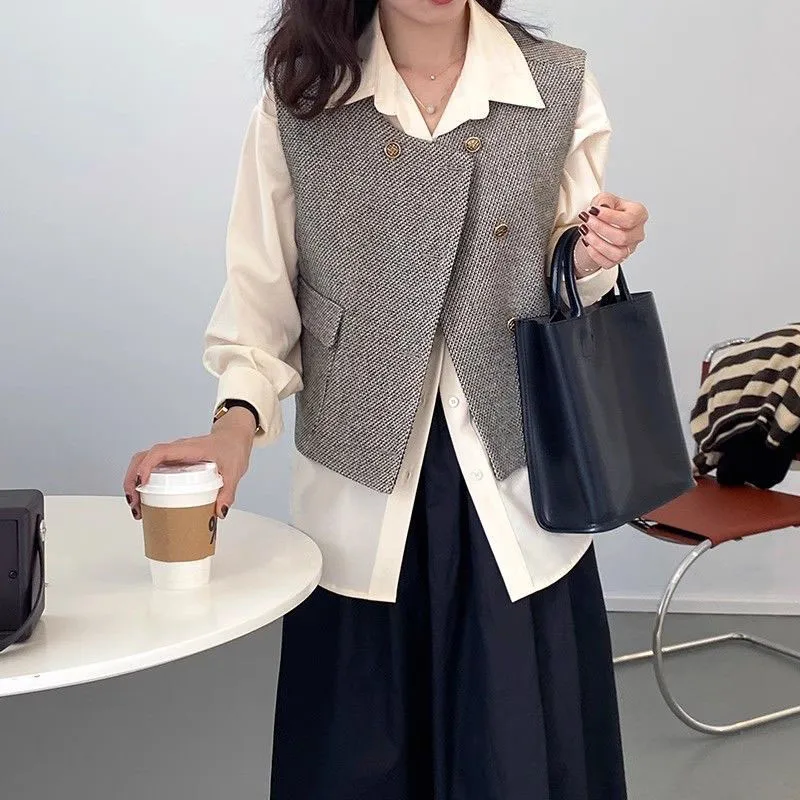 Koreanische Kurze Tweed Weste für Frauen Vintage Alle-Spiel Zweireiher Ärmellose Tops Weibliche Herbst Neue Straße Heraus Tragen weste – Detail 6