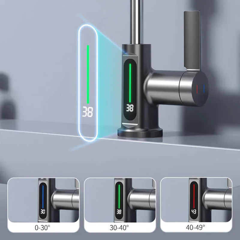 Grifo de elevación con pantalla digital, rociador de agua fría y caliente, mezclador de fregadero, cascada, lavabo, Baño