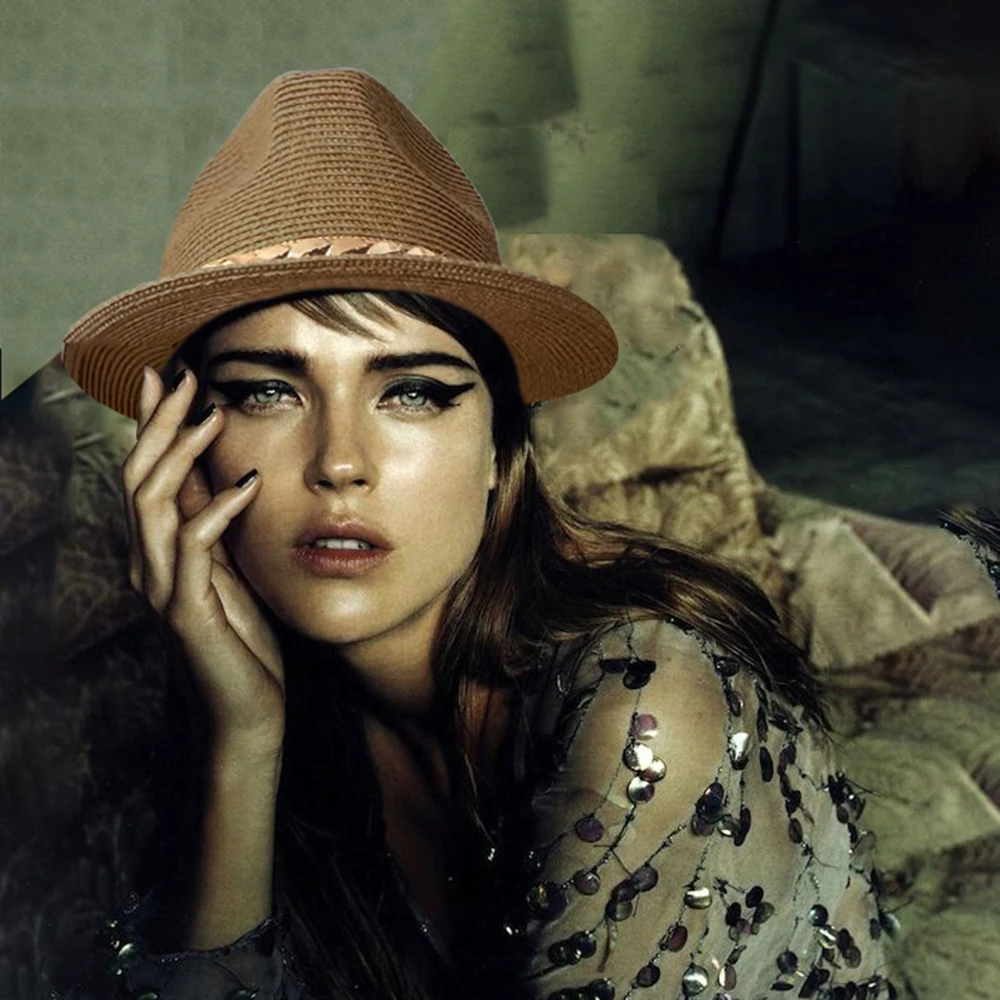 

Men Women Soft Straw Panama Hats Summer Fedora Middle Brim Sunhats Trilby Caps Street Beach Travel Sombrero Size US 7 1/4 UK L