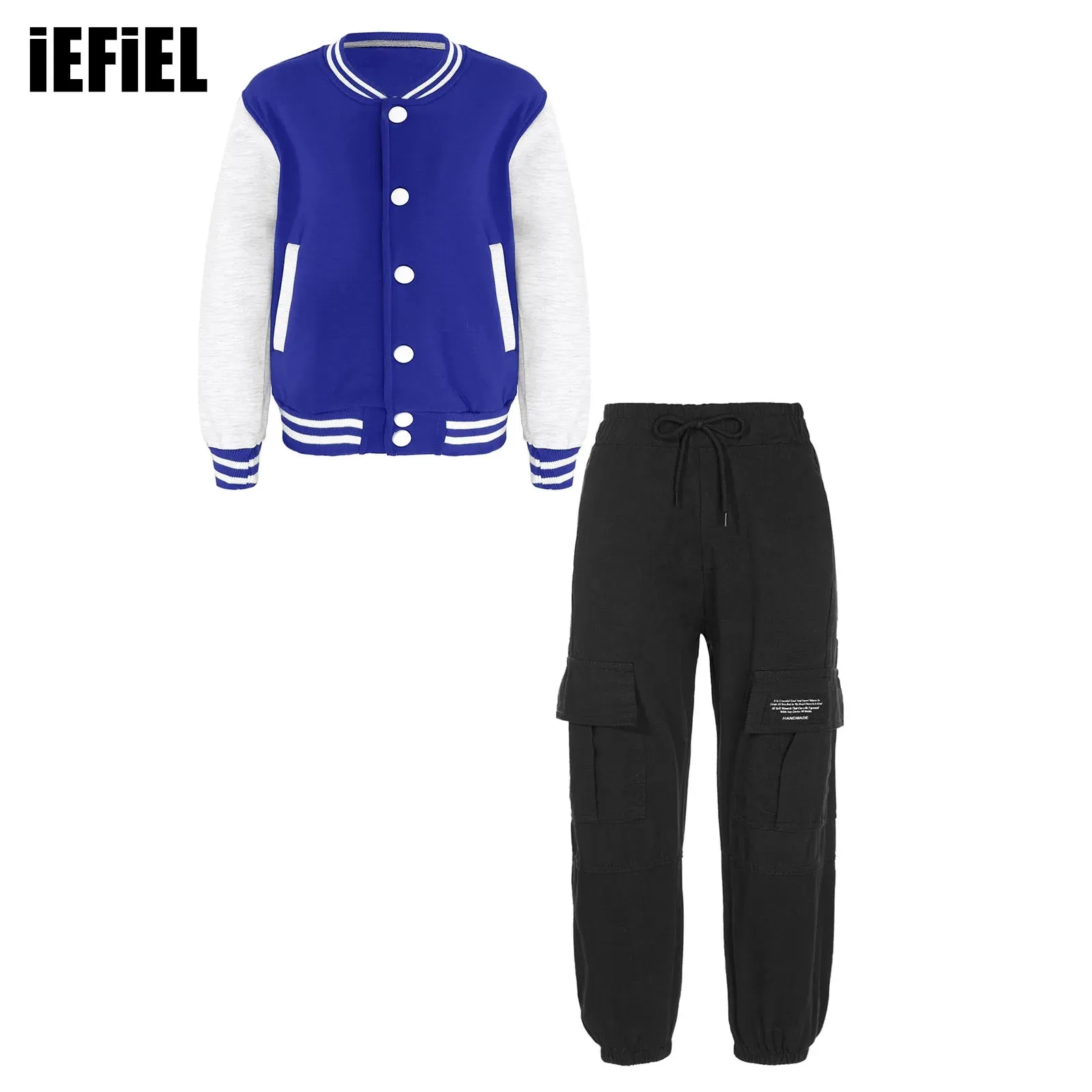 

Kids Girls Sweater Suit Stand Collar Jacket Outerwear with Drawstring Elastic Waistband Pockets Cargo Pants for Skateboarding