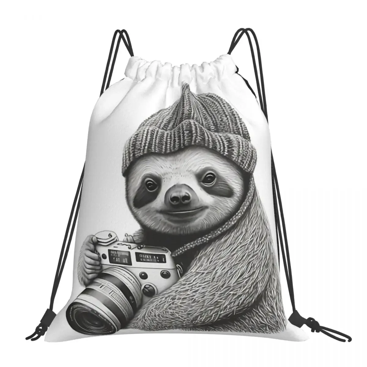 

Милый Ленивец в вязаной шляпе с камерой, рюкзаки, портативные сумки на шнурке, сумка на шнурке с карманом, спортивная сумка, сумки для книг