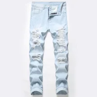 New Style Men's Knee-length Ripped Casual Jeans Light Blue Hip-hop High Street Non-stretch Straight Slim Denim Trousers Male 1