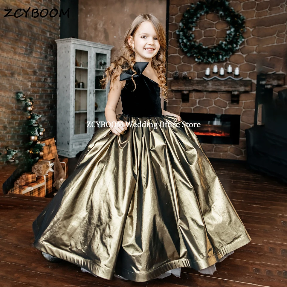 

Luxury Gold One Shoulder Ball Gown Flower Girl Dresses For Wedding 2023 Princess Birthday Party Sleeveless First Communion Gowns
