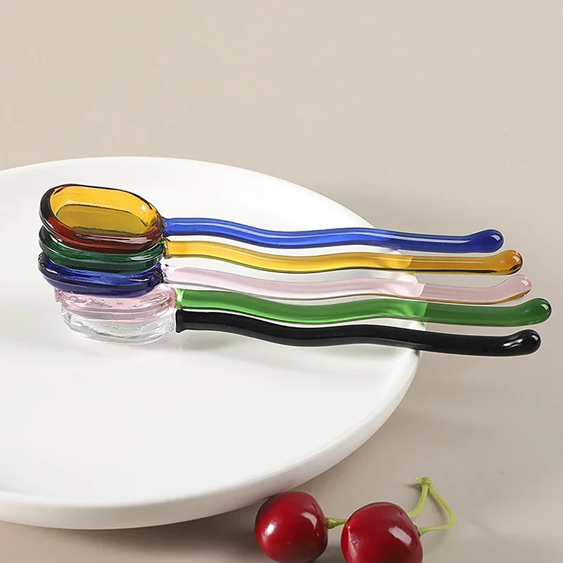 Creative Glass Dessert Spoon Colored Transparent Coffee Dessert Stirring Spoon Long Handle Spoon Kitchen Tableware