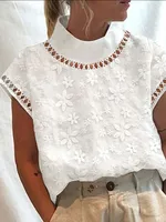 Chemise Blouse Femme Été 2026 en Coton et Lin Blanc, Nouvelle Collection, Élégante, Unie, Dentelle Ajourée, Décontractée, Style Urbain, Chemise de Bureau Basique 3