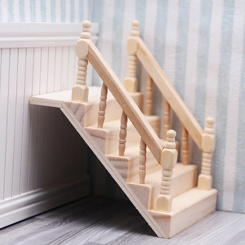 Odoria Scala In Miniatura 1:12 In Legno Non Verniciato Per Casa Delle Bambole - Con Corrimano, Fai-Da-Te Per Diorami E Giardini Delle Fate - 2