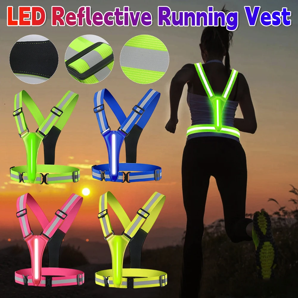 LED 반사 러닝 조끼 높은 가시성 야간 러닝 라이딩 의류 USB 충전 야간 스..