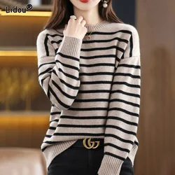 T-Shirts Thin Pullovers Striped Women's Clothing Loose Autumn Winterr Popularity Simple Casual Comfortable Round Neck Bottoming