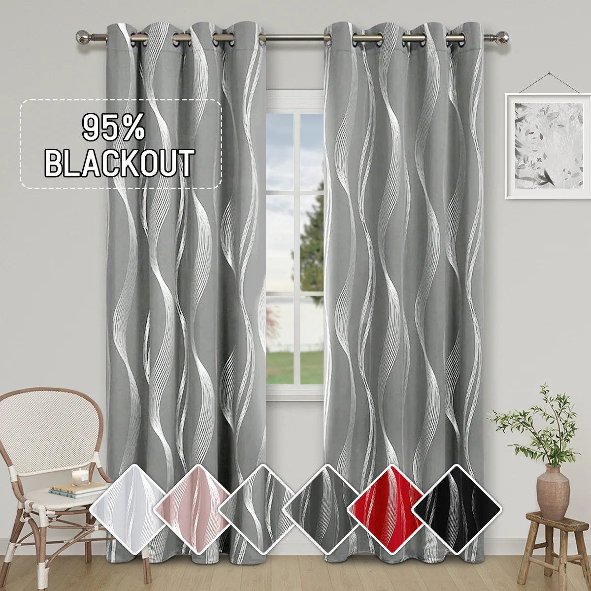 High Precision Blackout Curtains - Silver Embossed Wave Pattern for Light Blocking and Heat Retention