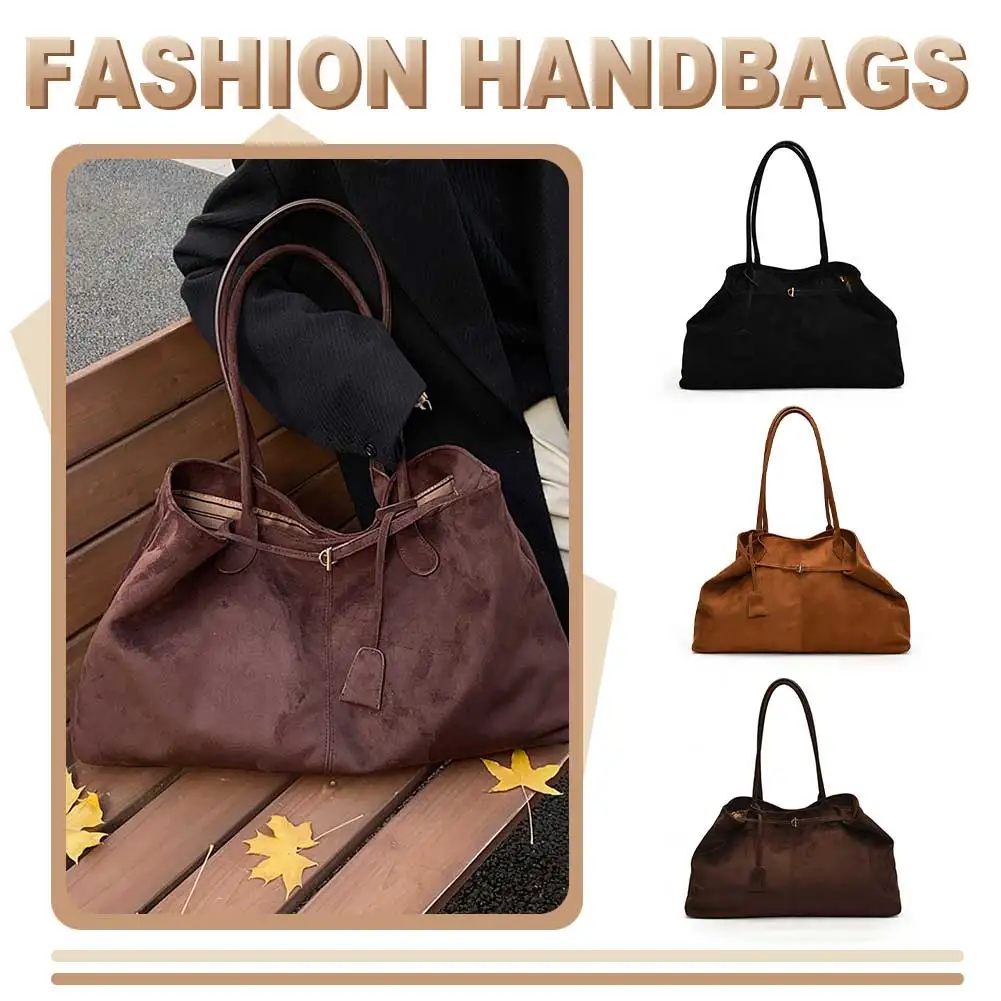 Women Suede Tote Bag Solid Color Shoulder Bag Large Capacity Underarm Bag Trendy Satchel Bag for Work Travel Shopping