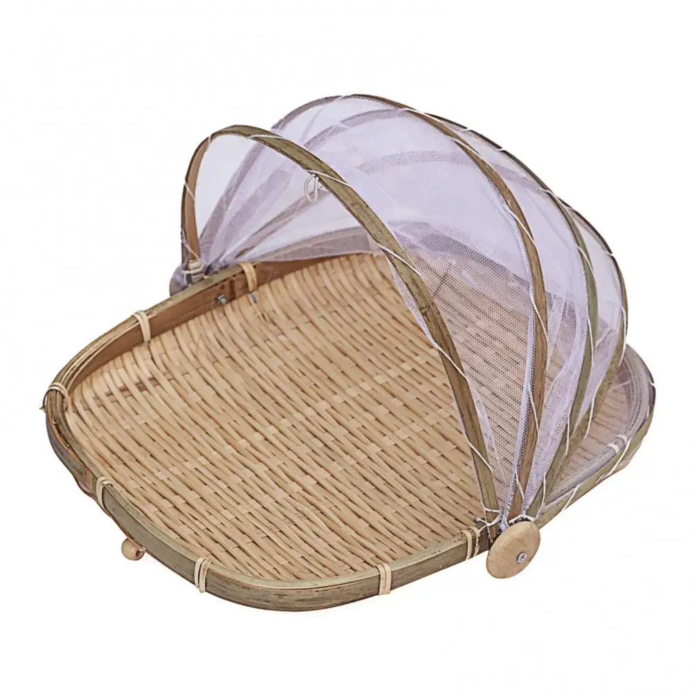 Bamboo Woven Storage Basket Mesh Handmade Food Fruit Anti Flies Net Cover Tent Sundry Container Kitchen Storage Tray 5