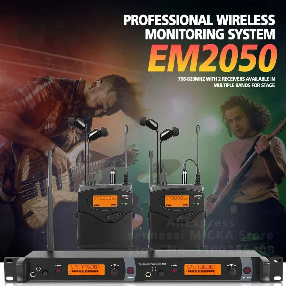 EM-2050 UHF 인이어 모니터 시스템, 2 채널 2 바디팩 모니터링, 무대용 여러 밴드에서 사용 가능, 전체 금속, 최고 품질