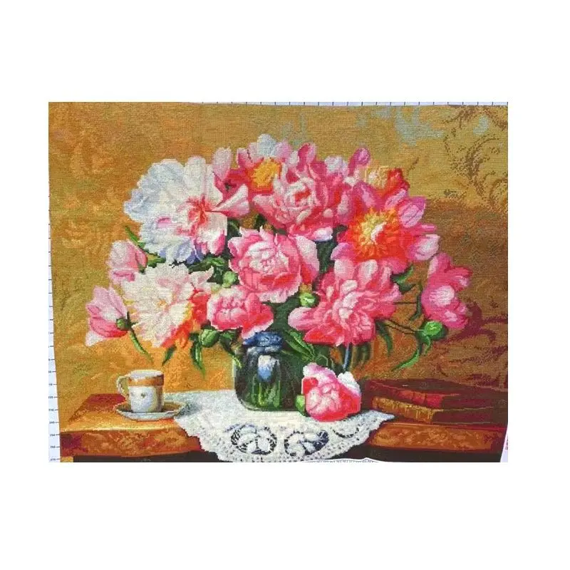 Handmade cross stitch finished product, hand embroidered classical peony flower blooming, luxurious living room decoration