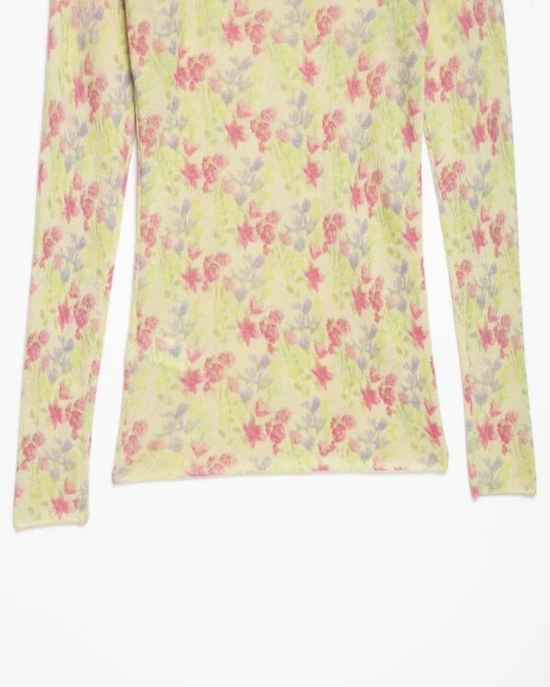 Women's Spring Y2K Retro Crew Neck Sheer Mesh Knit Floral Print Slim Long Sleeve Top, Streetwear, Ideal for Jeans and Daily