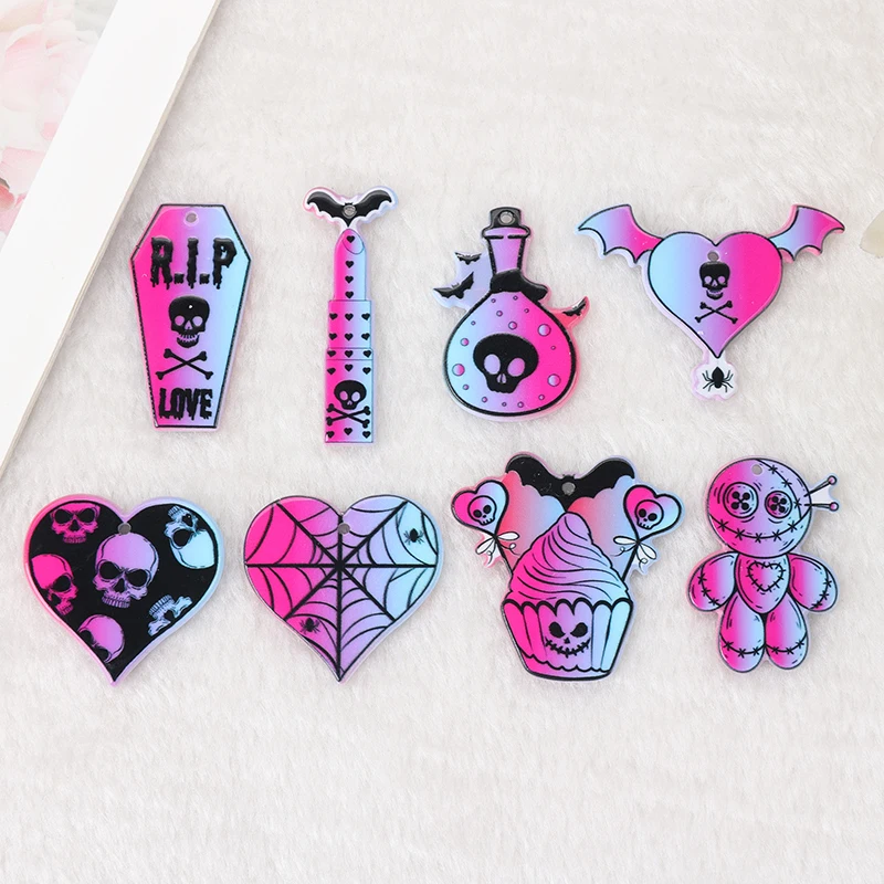 

8Pcs Goth Halloween Charms Tombstone RIP Skull Poison Bottle Gradient Acrylic Heart Jewlery Findings For Diy Making