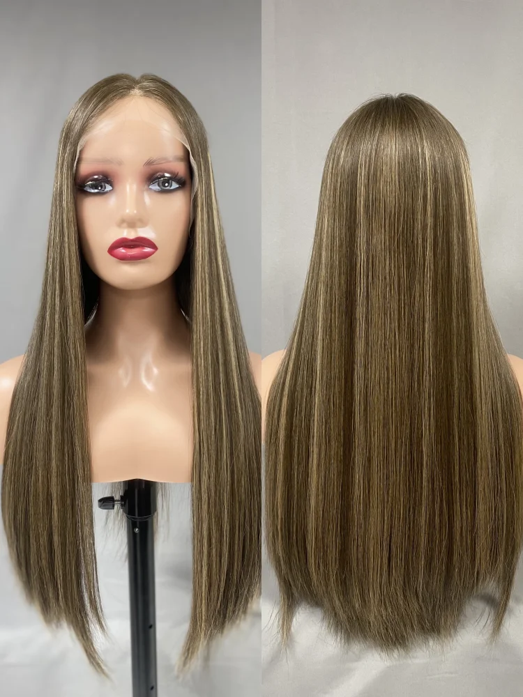 Gorgeous Lace Frontal Human Hair Wig Straight Long Hair Medium Brown Color with Highlights HD lace Top Kosher Jewish Wigs