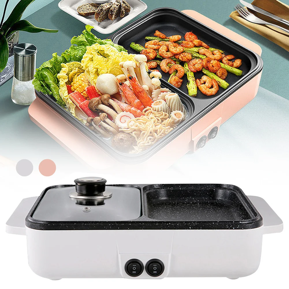 

1200W 2 In 1 Hot Pot with Grill Electric Cooker Adjustable BBQ Smokeless Grill Multifunctional Barbeque Pan Independent Switch