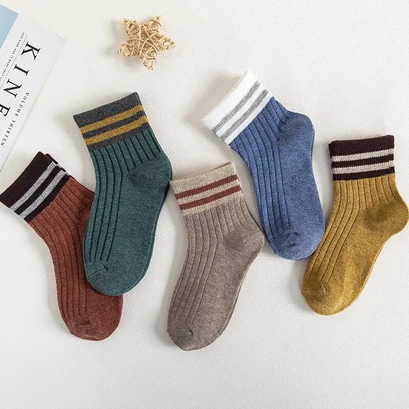 5Pairs/Lot Cartoon Stripe Kids Socks Casual Baby Girls Boys Cotton Spring Autumn Toddler Knitted Children Socks For 1-8Years 2
