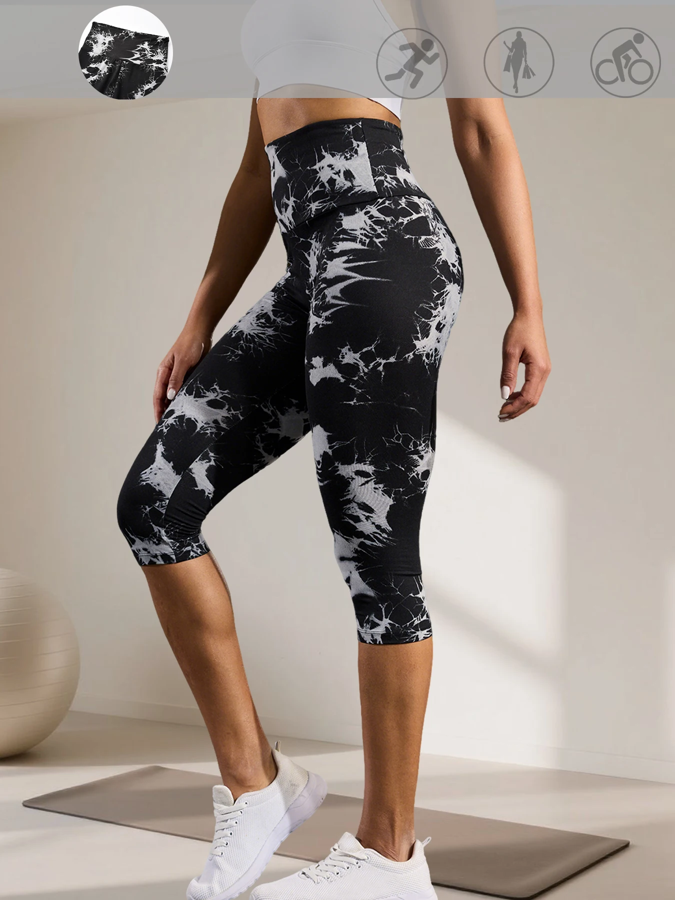 Superweiche Caprihose mit Batikmuster und hoher Taille für Damen, ideal für gemütliches Zuhause und lässige Outfits – Detail 7