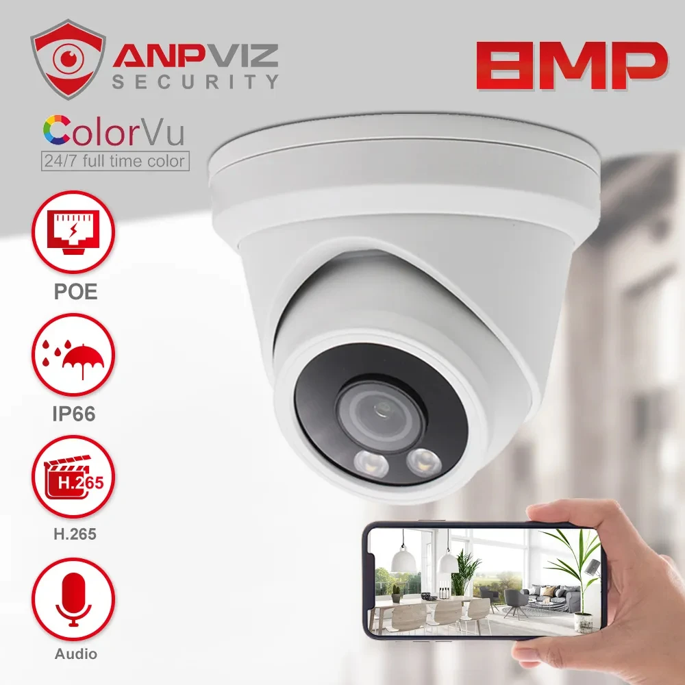 Anpviz 8MP ColorVu IP Camera Starlight POE Turret Super Night Vision 30m Audio IP66 2.8mm Lens Danale Remote View CCTV   Outdoor super wide angle panorama ahd 720p 1080p 1mp 2 0mp cctv camera 1 7mm fisheye lens 3d ball effect night vision waterproof outdoor