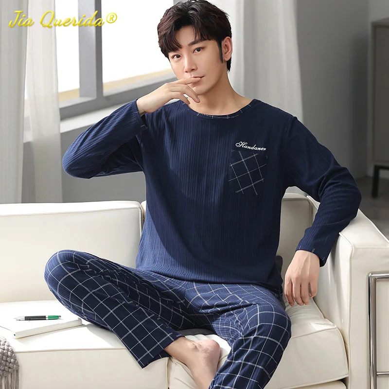 Autumn Winter New Pajamas for Men Plus Size L-4XL Boy Pajama Set Fashion Leisure Male Sleepwear Cotton Round Neck Pijamas Sets silk pj set Men's Sleep & Lounge