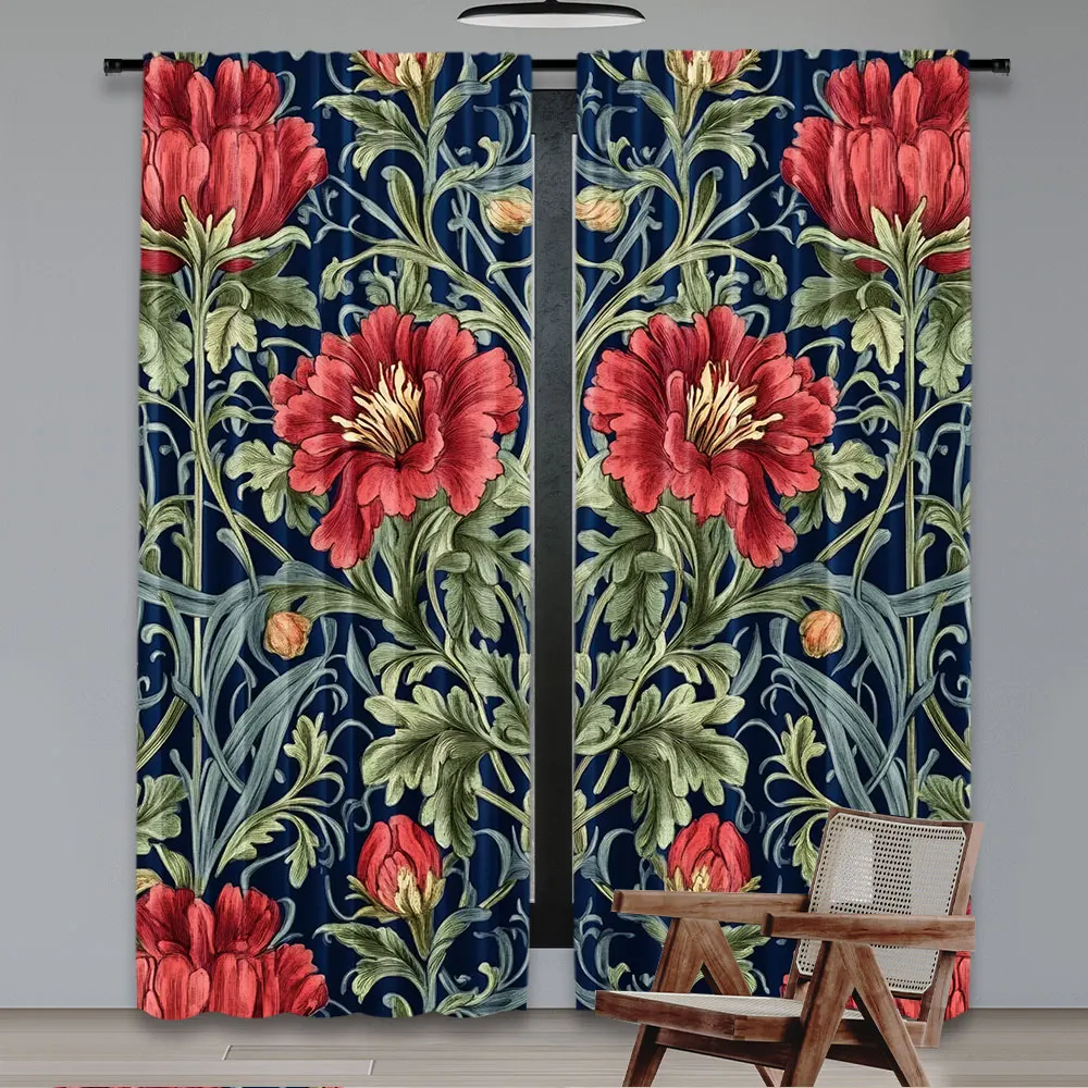 2Pcs Boho Watercolor Floral And Leaves Symmetry Curtain Suitable For Bedroom Kitchen Dining Room Living Room Study Office 5