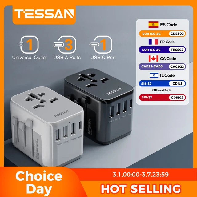 TESSAN Universal Travel Adapter with USB Port and Type C, Worldwide Power Adapter EU/UK/USA/AUS Plug for International Travel