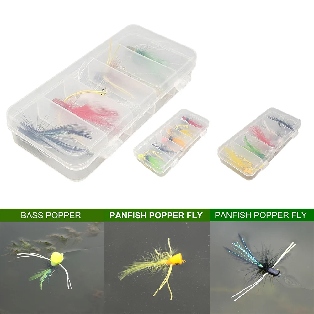 

5pcs Dry Fly Fishing Poppers Lure With 5 Grids Box Foam Float Fly Hook Topwater Bait Bionic Silicone Eyes Lures Mixed Color