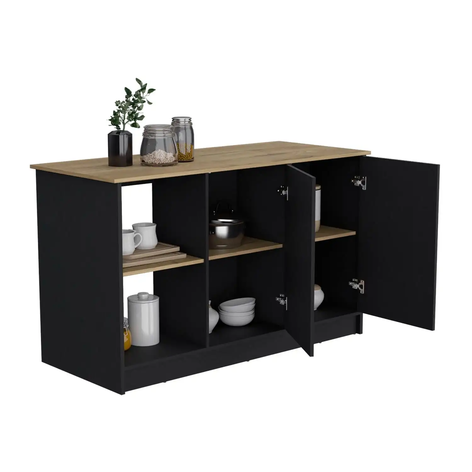 Juniper Kitchen Island with Large Top Surface, Double Door Cabinet, and Open Shelves Black / Macadamia 4