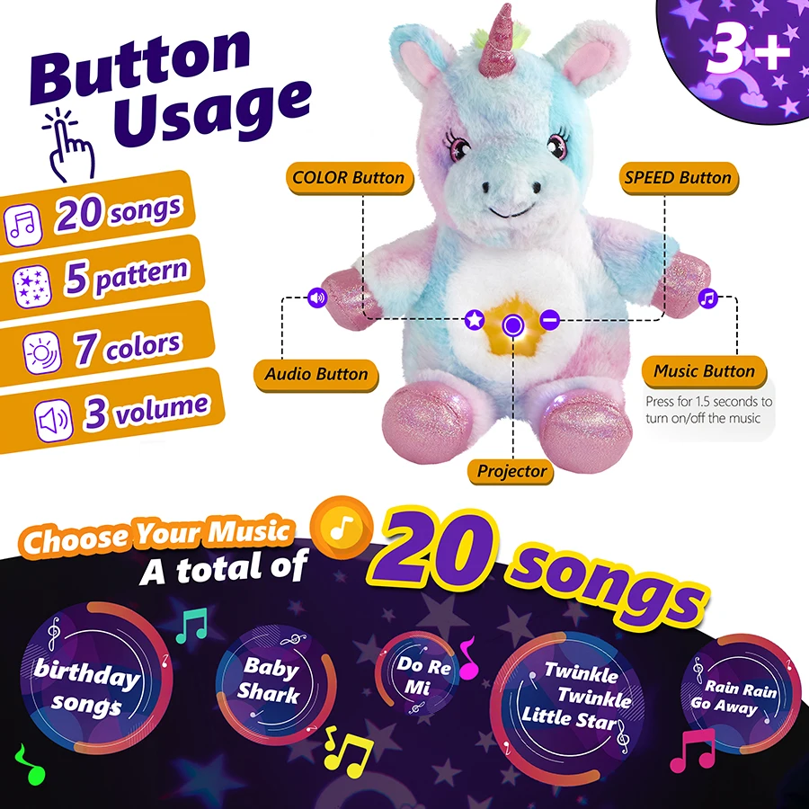 Unicorn Doll Toys Projector LED Light Stuffed Animals Colorful Multiple mode projection Stuffed Birthday Gift for Girls 28cm plush toy