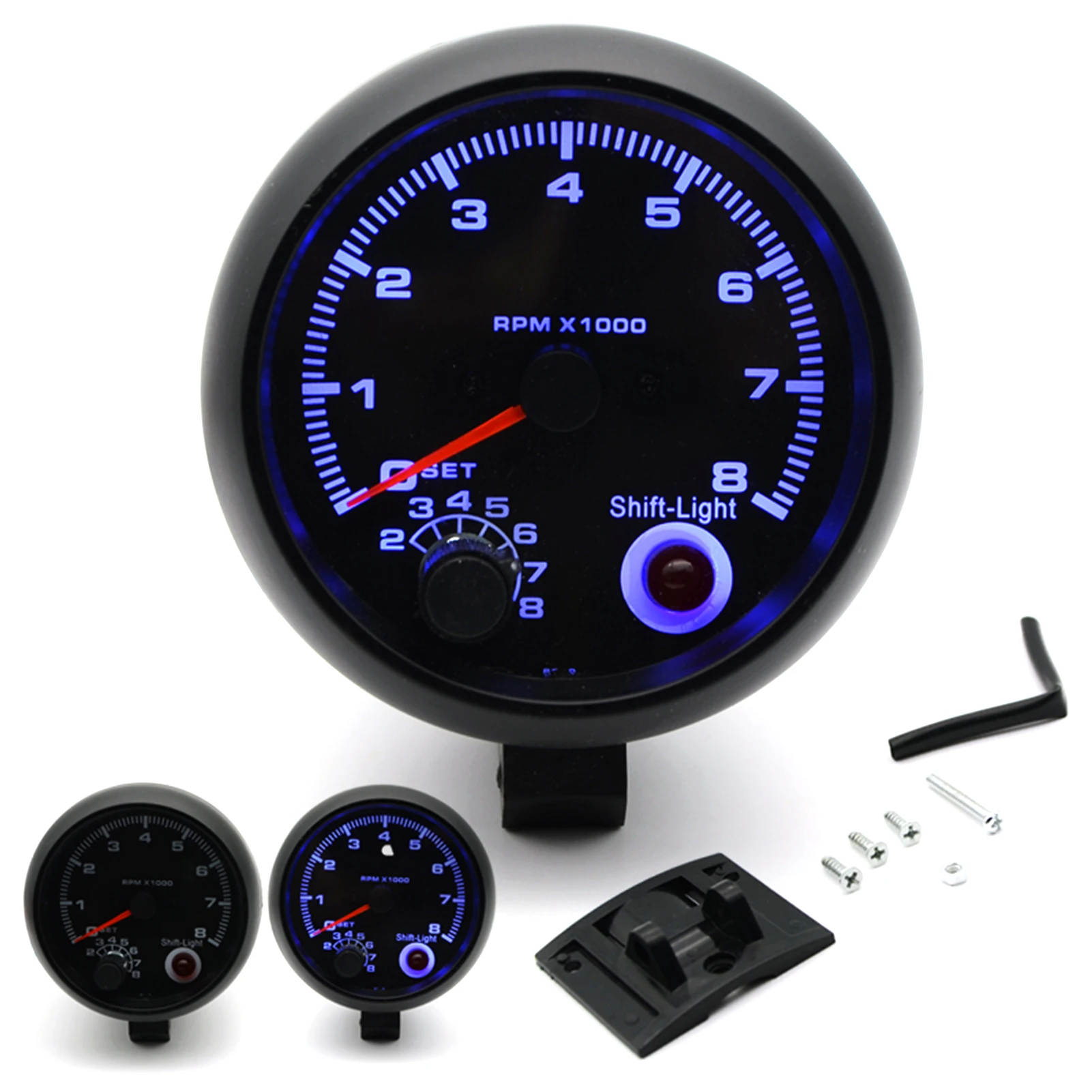 Tachometer Gauge 3.75" Car Universal Black 0-8000 RPM Blue Inter Shift light