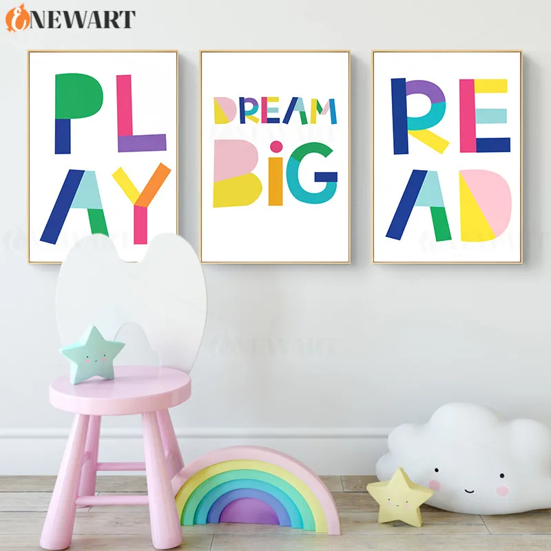 Baby Nursery Wall Canvas Painting Read Play Dream Big Poster Bright