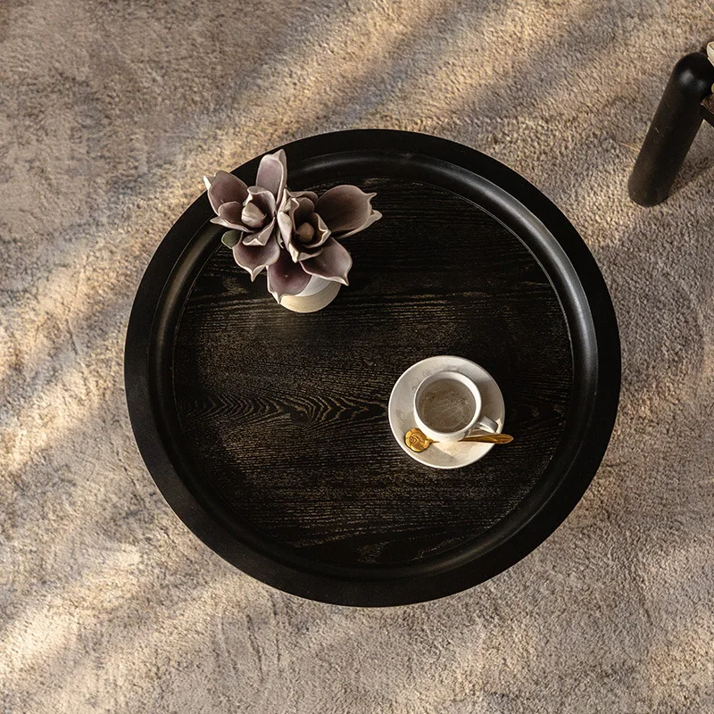 Tavolino rotondo in legno vintage nero - immagine 3