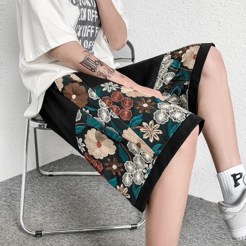 Summer Cotton Embroidery Shorts Men Fashion Casual Flower Shorts Mens Japanese Streetwear Loose Hip-hop Straight Shorts Men